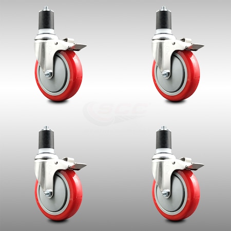 Service Caster 5 Inch 316SS Red Poly Swivel 1-3/4 Inch Expanding Stem Caster Set Lock Brake SCC-SS316TTLEX20S514-PPUB-RED-134-4